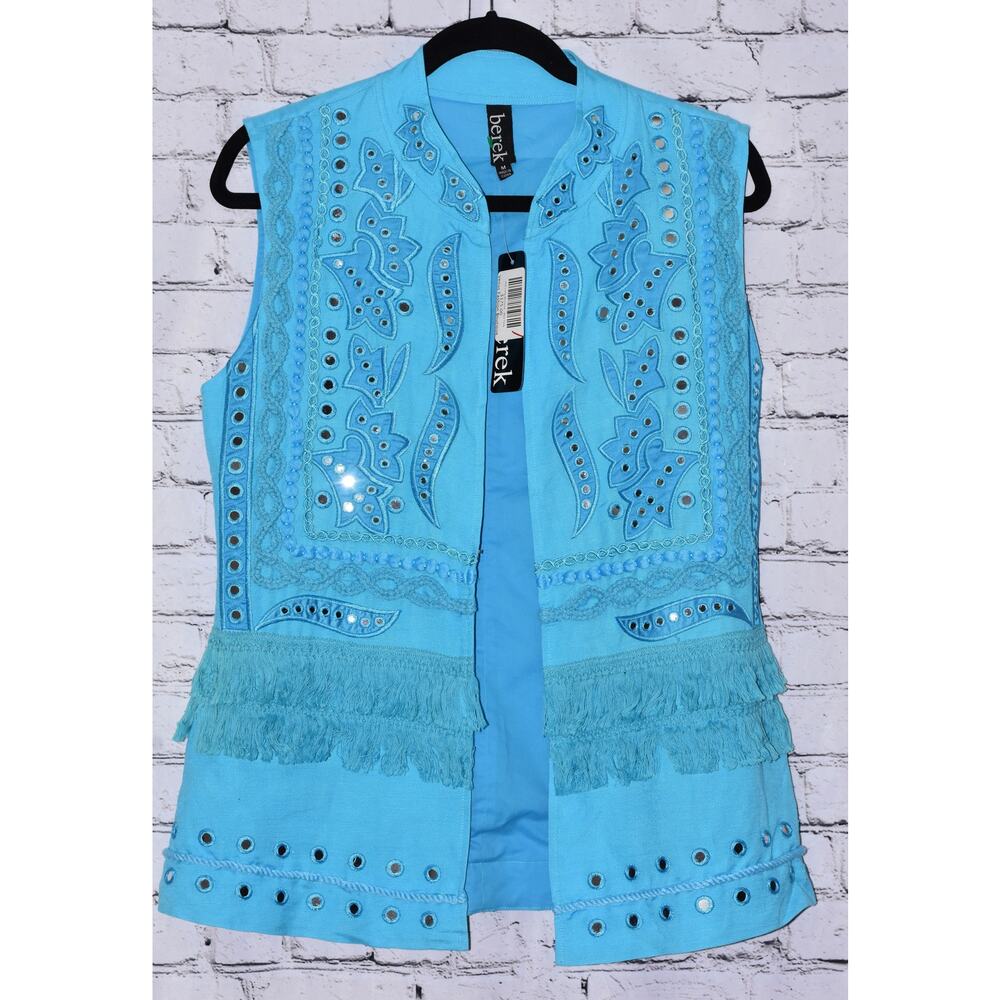 BEREK Mix-Media Wearable Art Embellished Couture Linen Vest Blue Medium NWT - Picture 2 of 8